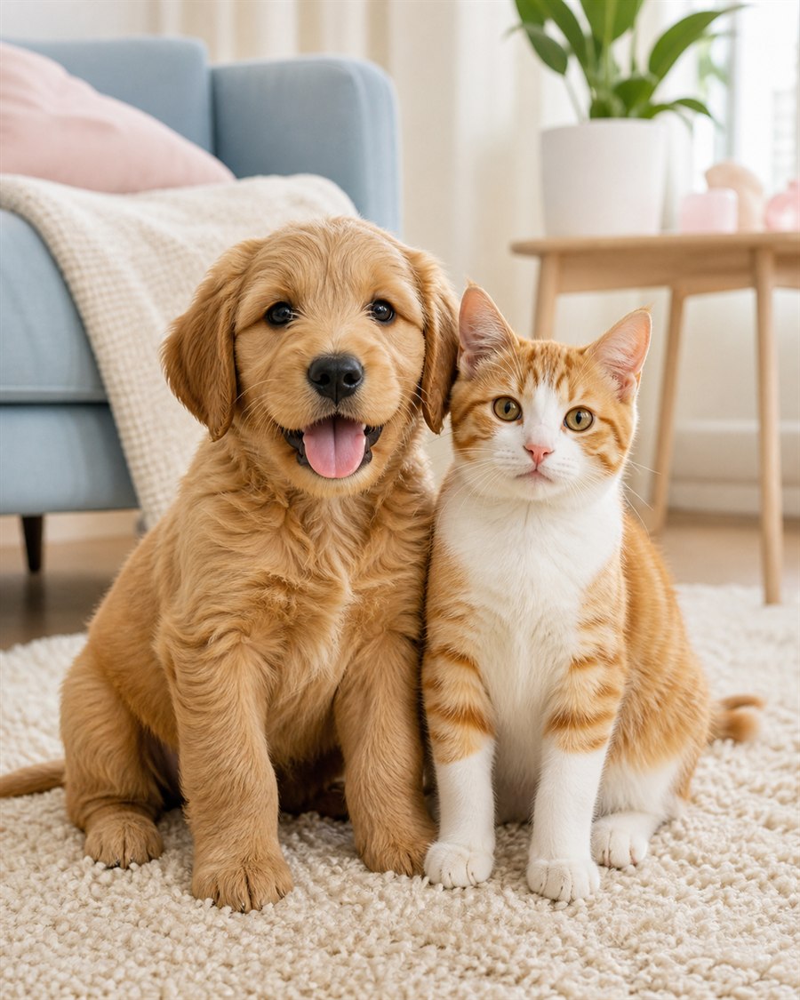 坐在一起的小狗和小猫